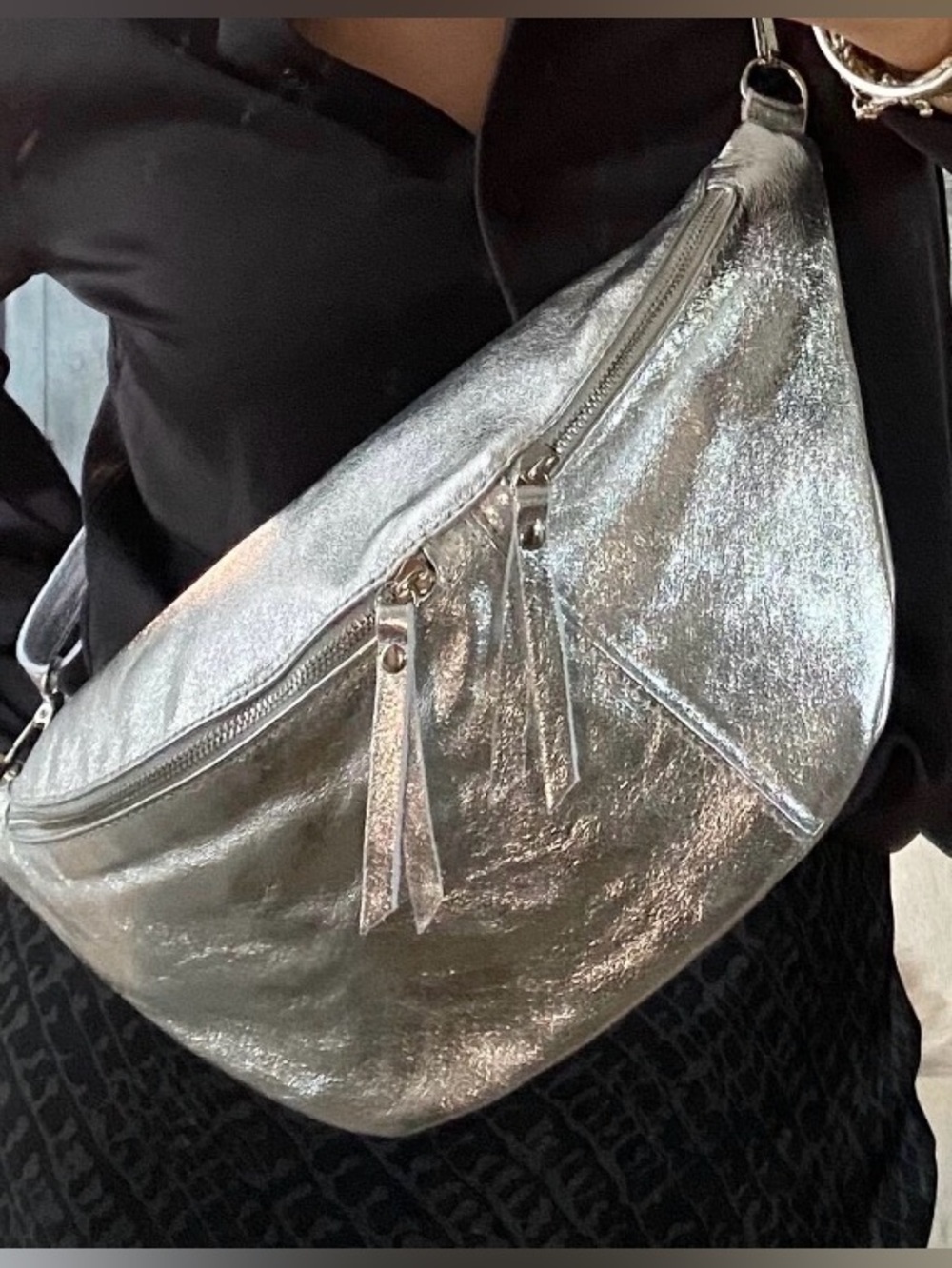 Metallic Gold Leather Slouchy Crossbody Bag Crescent Moon Gold Hardware